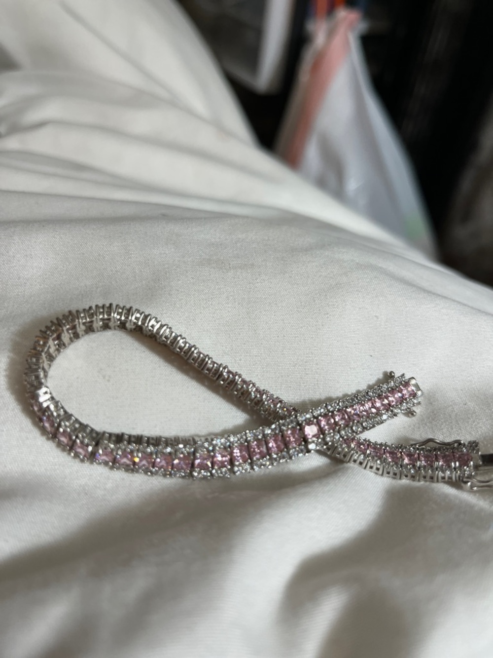 925 Silver Tennis Bracelet with Pink Stones and White Stones -3 rows of stones